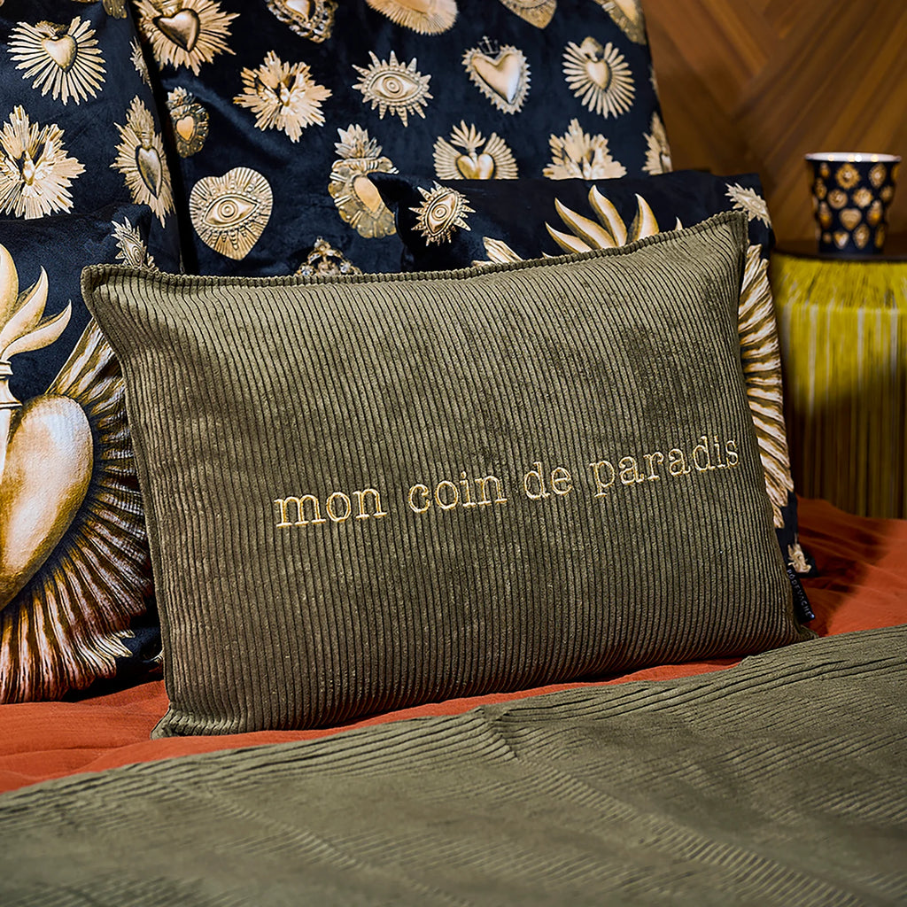 Coussin Velours Brodé Mon coin de Paradis - Pôdevache - I.D DECO MARSEILLE