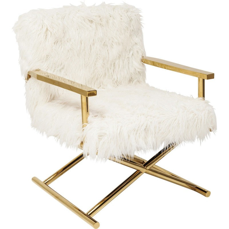 Chaise design fourrure de mouton et pieds en métal doré