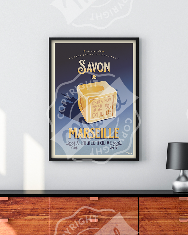Affiche SAVON de MARSEILLE, Marcel Travel Posters, décoration murale, illustration, Hossegor, made in France, La Brique Rose, cadre, vente  en ligne, Concept store