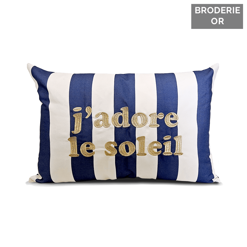 Coussin extérieur brodé J'adore le Soleil - Pôdevache - I.D DECO MARSEILLE