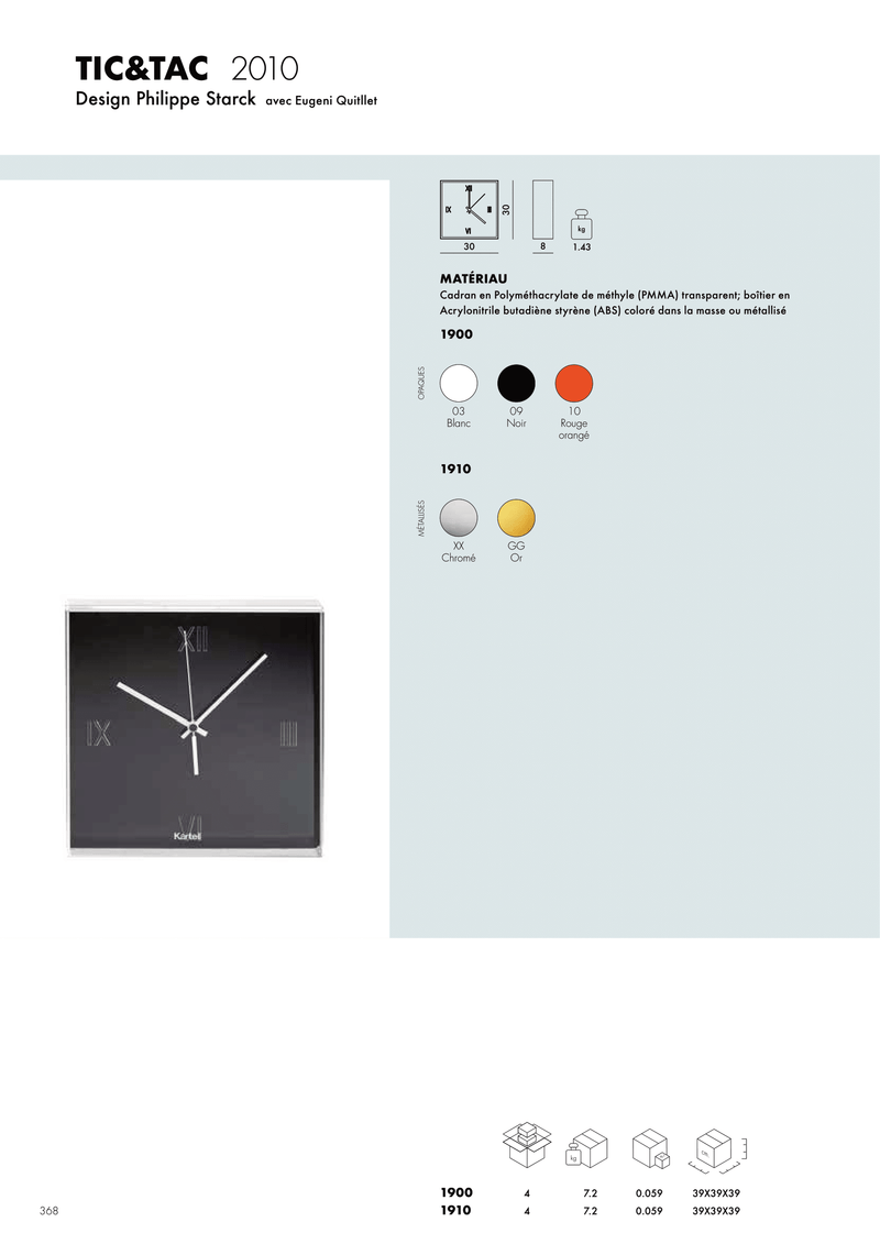 Fiche technique Horloge Tic&Tac Kartell, disponible chez I.D DECO Marseille