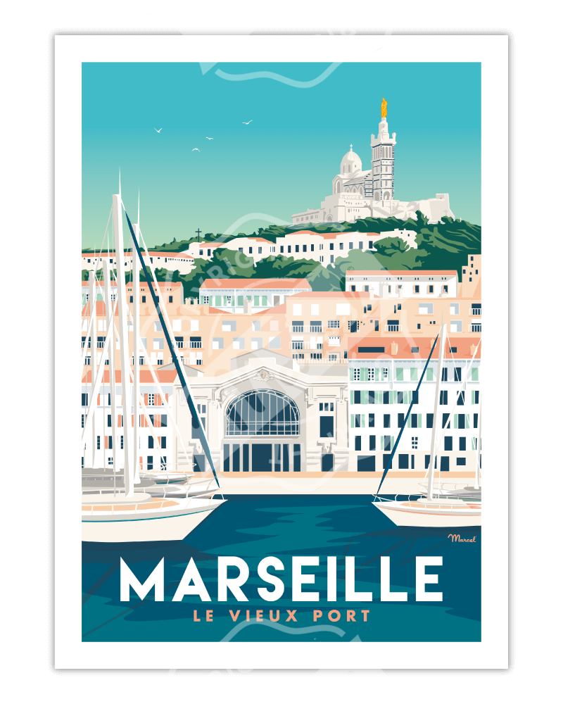 Affiche Marcel Travel Poster Marseille "le vieux port" disponible dans votre boutique I.D DECO Marseille en retrait magasin et en livraison à domicile partout en France