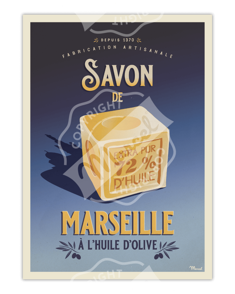 Affiche vintage Marcel Travel Posters Savon de Marseille disponible en livraison à domicile ou en retrait boutique chez I.D DECO Marseille
