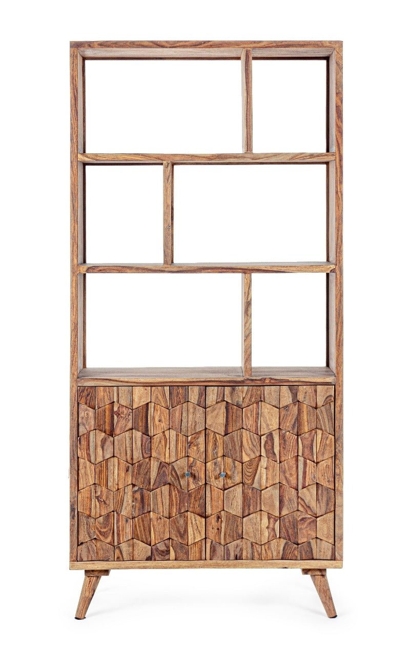 Bibliothèque KANTA en bois de sheesham avec niches ouvertes et portes sculptées relief – Disponible chez I.D DECO Marseille
