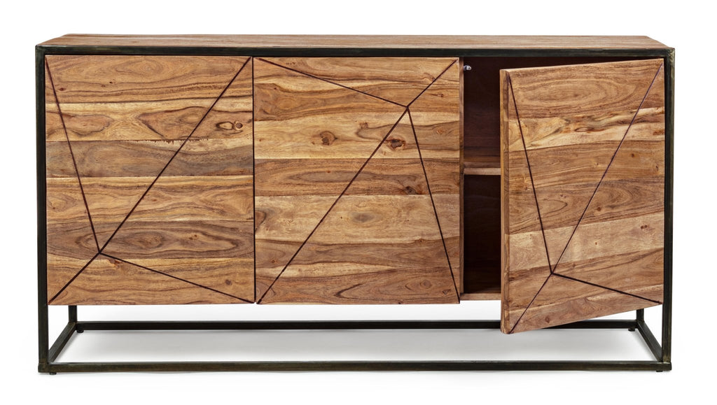 Buffet GONY 3 portes en bois d’acacia avec structure en acier noir et façades géométriques – Disponible chez I.D DECO Marseille