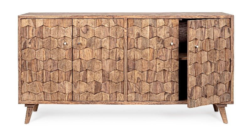 Buffet KANTA 4 portes en bois de sheesham avec façades sculptées relief – Disponible chez I.D DECO Marseille
