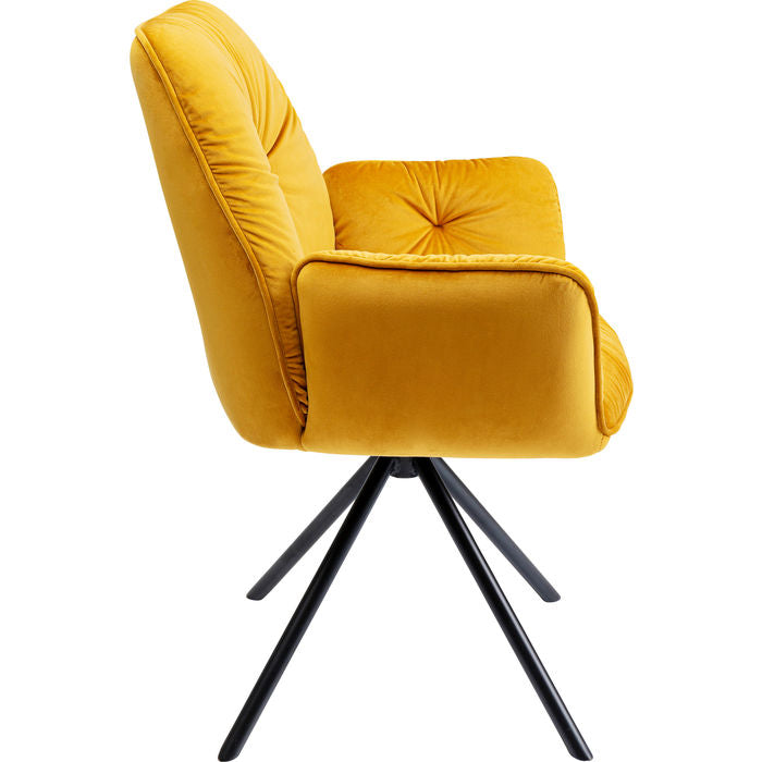 Chaise Sara jaune avec accoudoirs et assise capitonnée toucher velours, disponible chez I.D DECO Marseille en retrait boutique ou en livraison partout en France