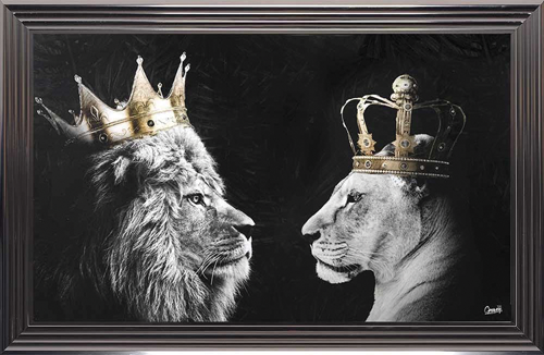 Tableau King and Queen, lion et lionne couronnés avec éclats de gel et de strass sur le verre, disponible chez I.D DECO Marseille en retrait boutique ou en livraison partout en France