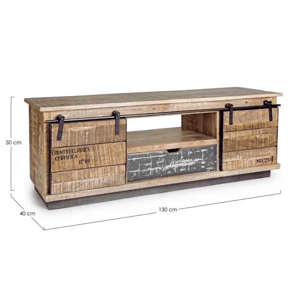 meuble tv industriel bois manguier portes coulissantes condor